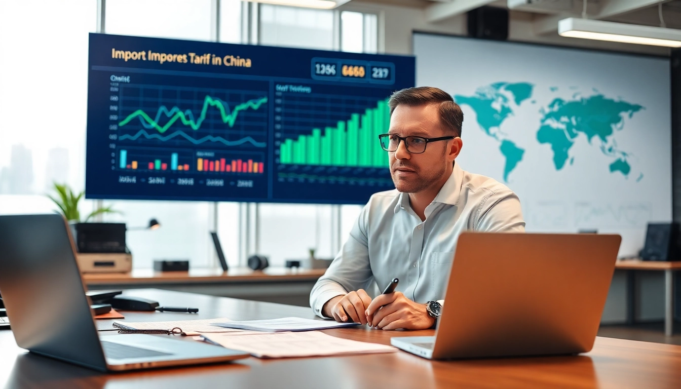 Market analysis of import tariffs on China showcased in a professional setting.