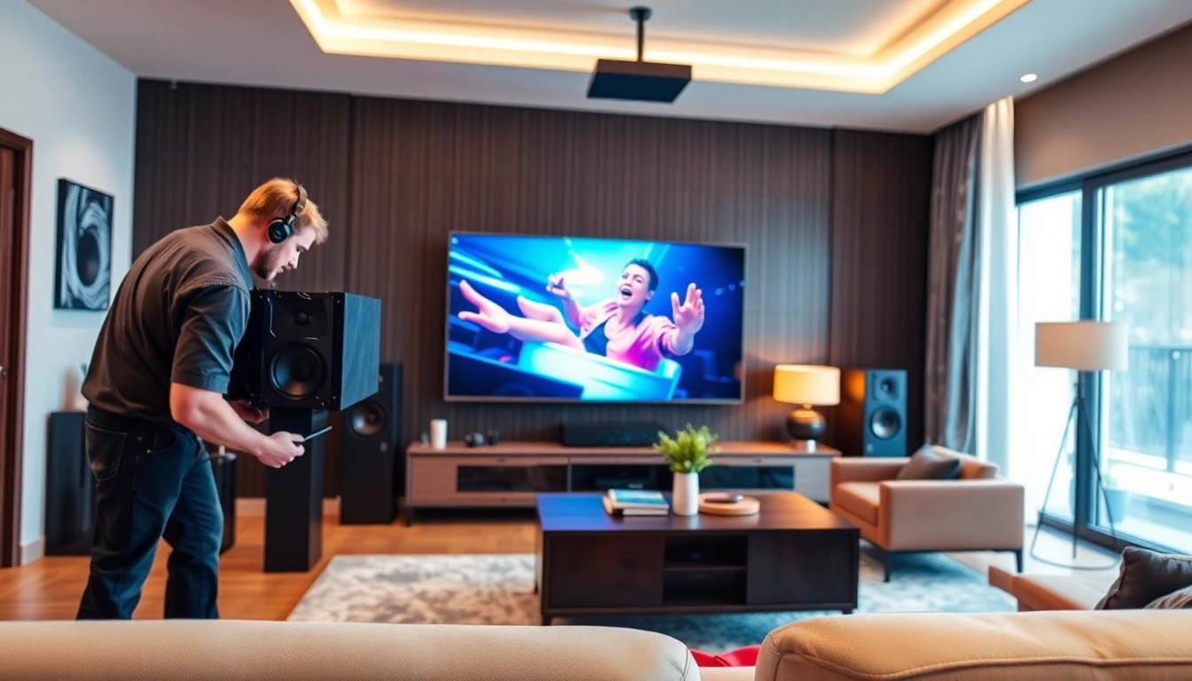 Expert home theater installation near me showcasing an impressive audio-visual setup in a modern living room.