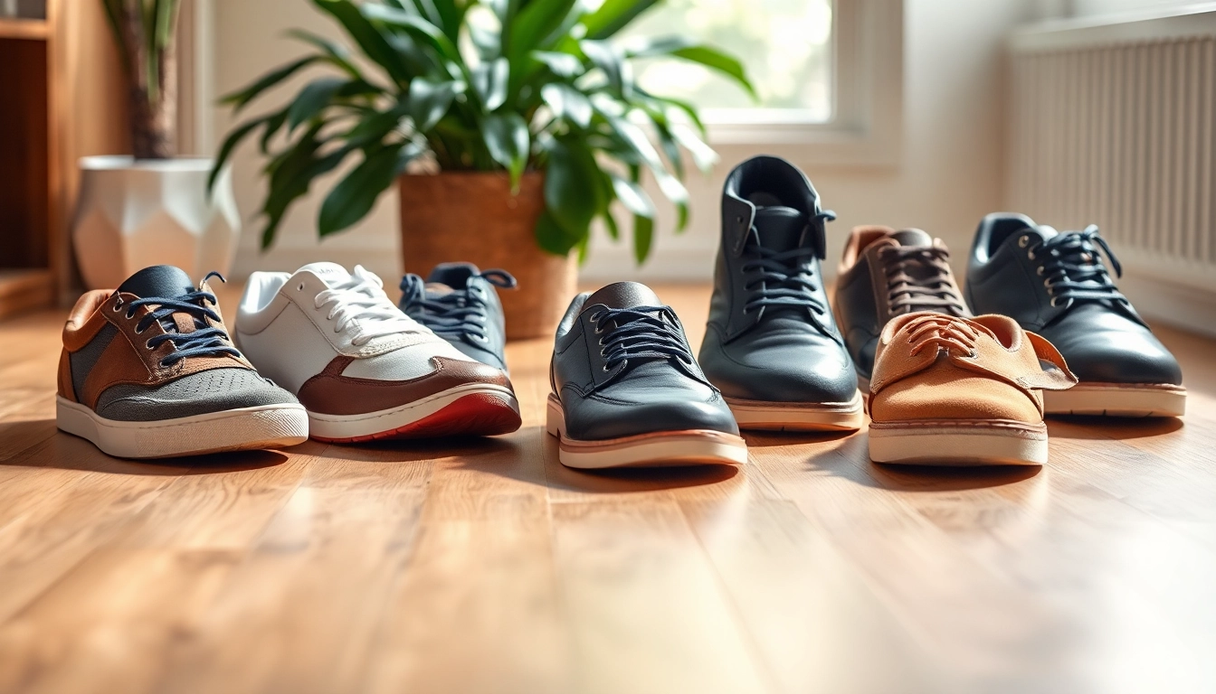 Schuhe mit breiter Zehenbox, die bequem auf einem Holzfußboden arrangiert sind.