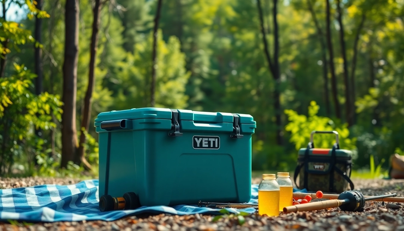 Showcase of a Yeti Roadie cooler outdoors, highlighted against greenery with camping gear.