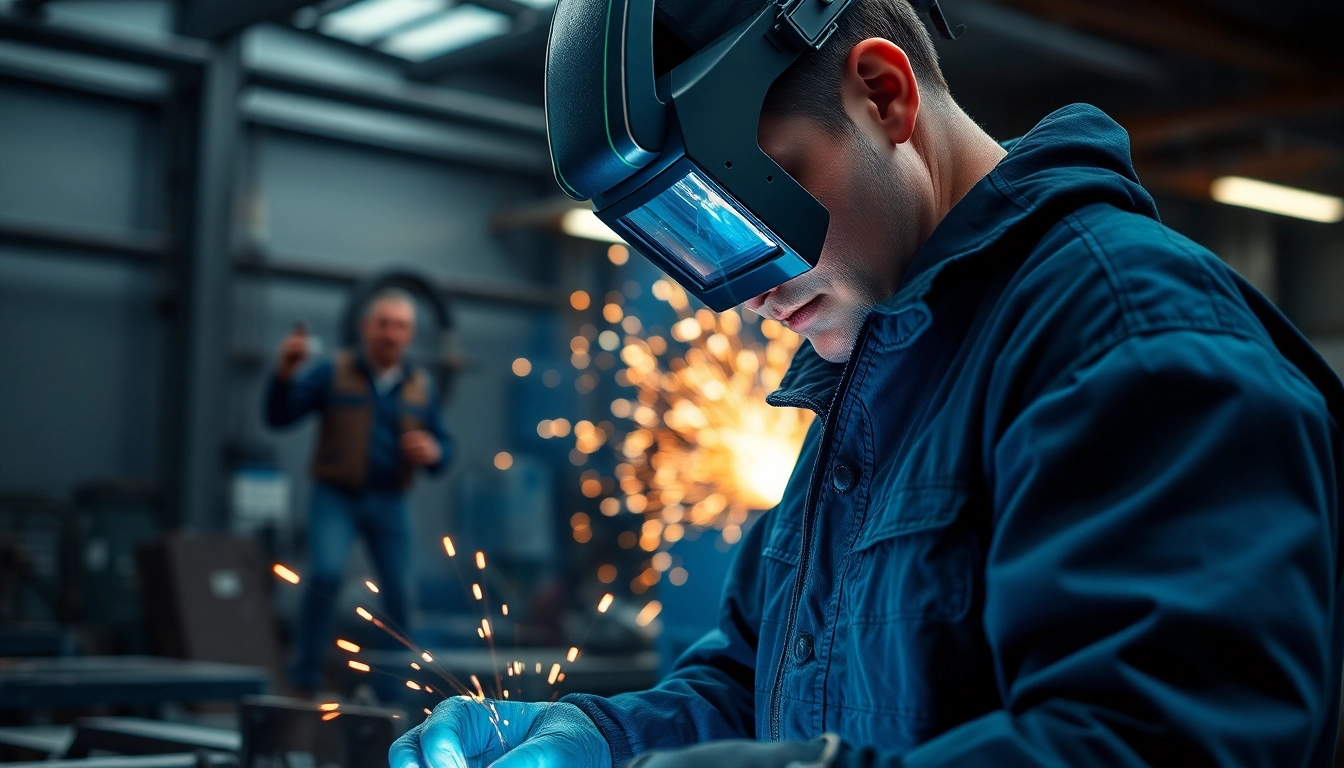 Focusing on a professional welder in a flame-resistant welding jacket amidst sparks and tools in a workshop.