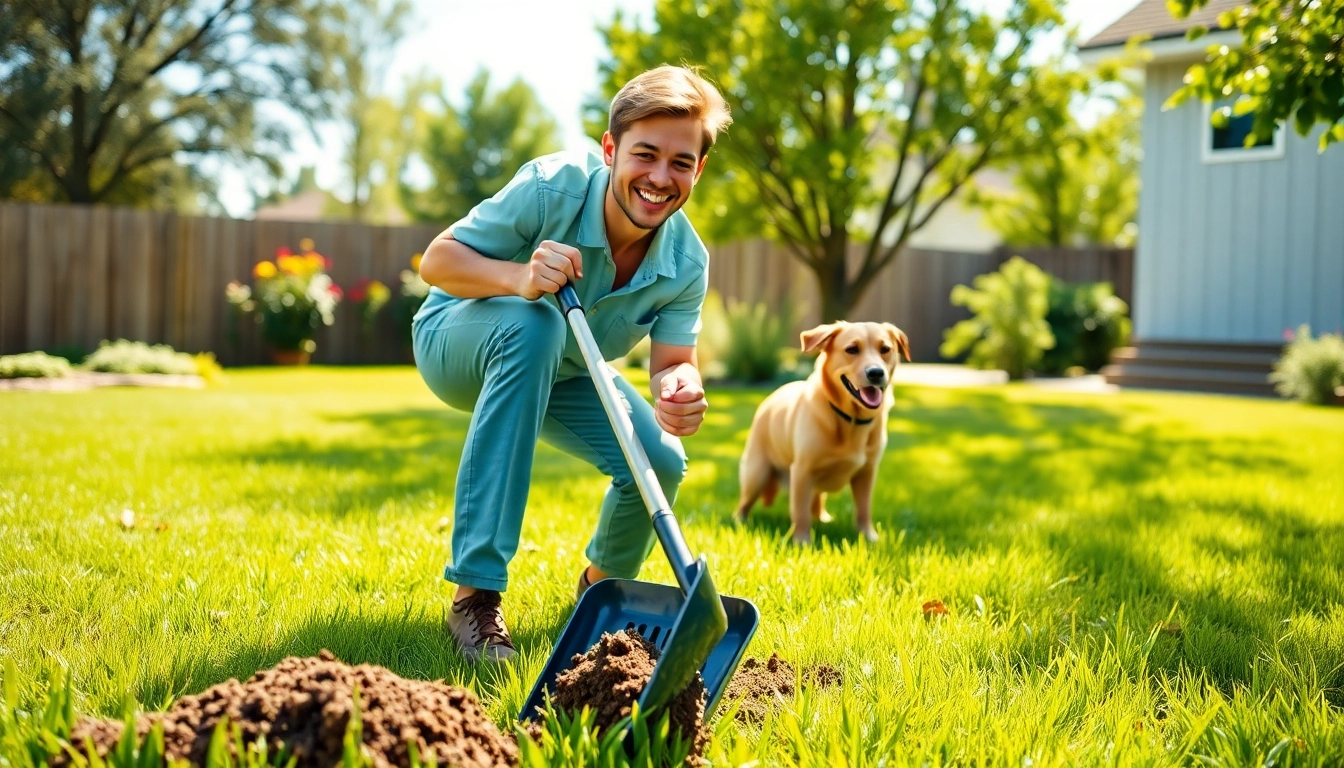 A person cleaning up dog poop in a yard with a long-handled scooper, promoting the importance to clean up dog poop.