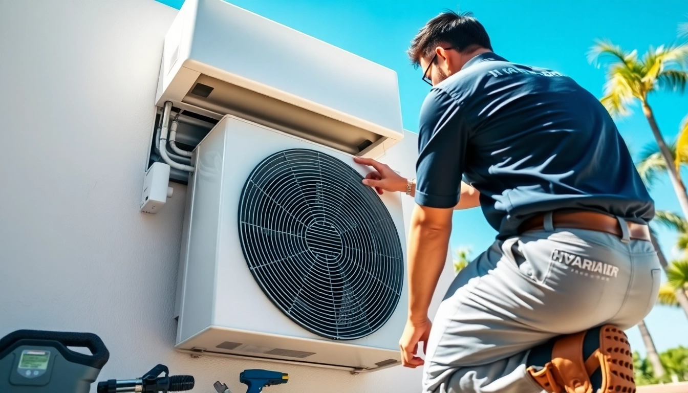 Technician providing HVAC services Los Angeles with professional maintenance on air conditioning unit.