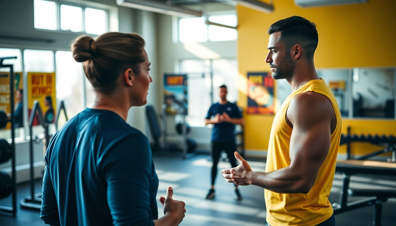 Engaging gym Training Consultation with a trainer guiding a client in a vibrant fitness center.