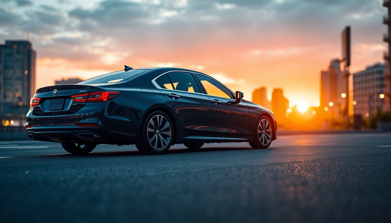 Showcase of a perfect car in an urban sunset, highlighting its elegant design and features.