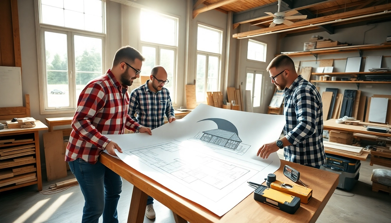 Custom home builders near me discussing architectural plans in a bright workshop