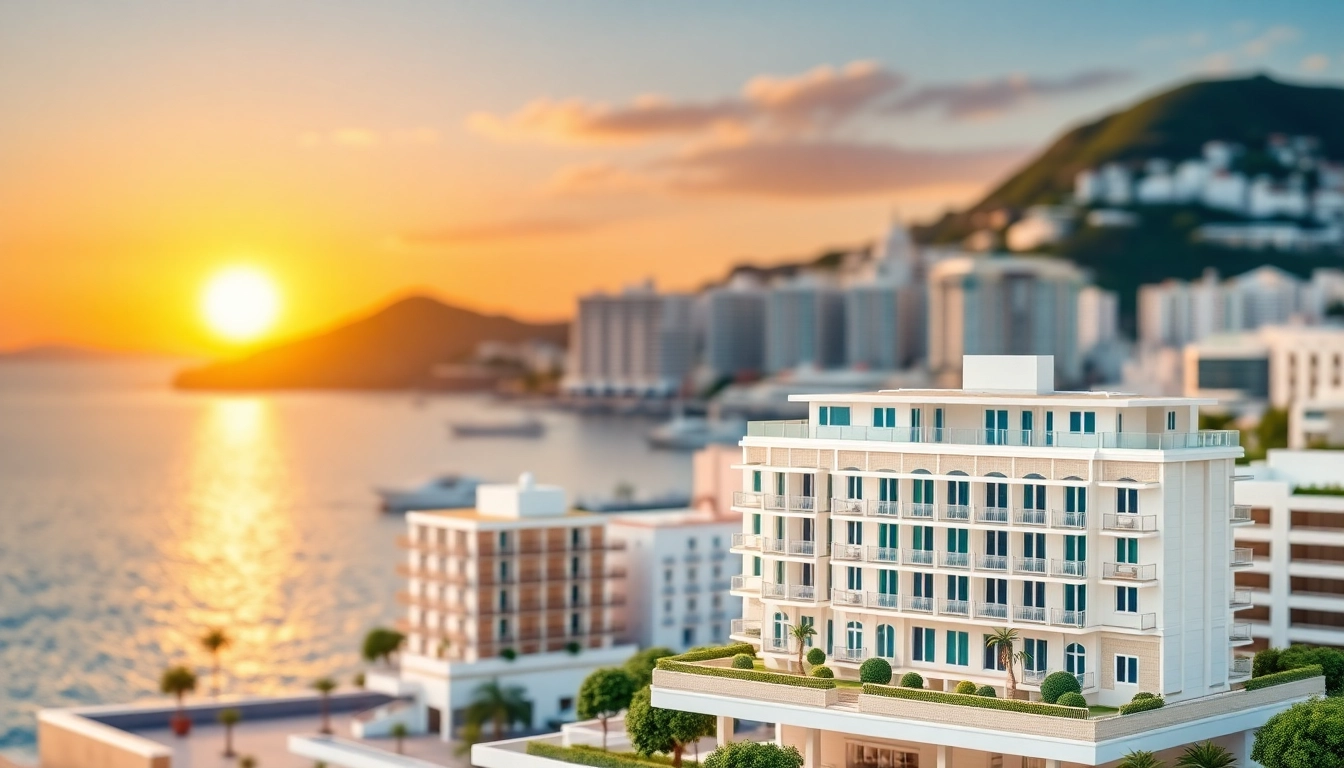 Showcasing a detailed real estate model Monaco with luxury apartments against the Mediterranean backdrop.