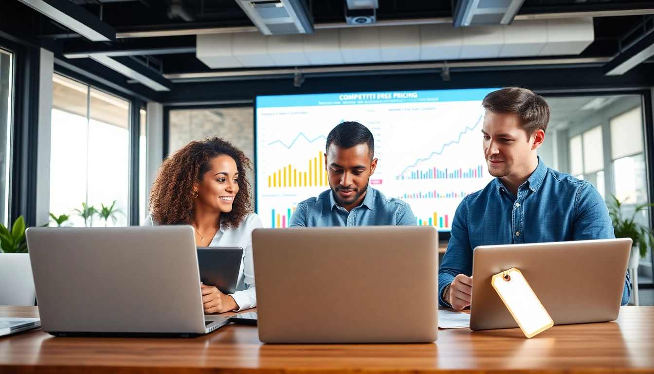 Analyze competitor pricing analysis with a diverse business team reviewing data insights.