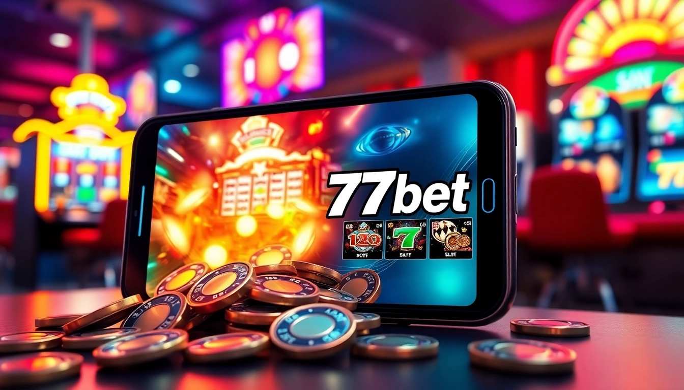 Screenshot of 77bet app interface with vibrant casino elements and gaming atmosphere.