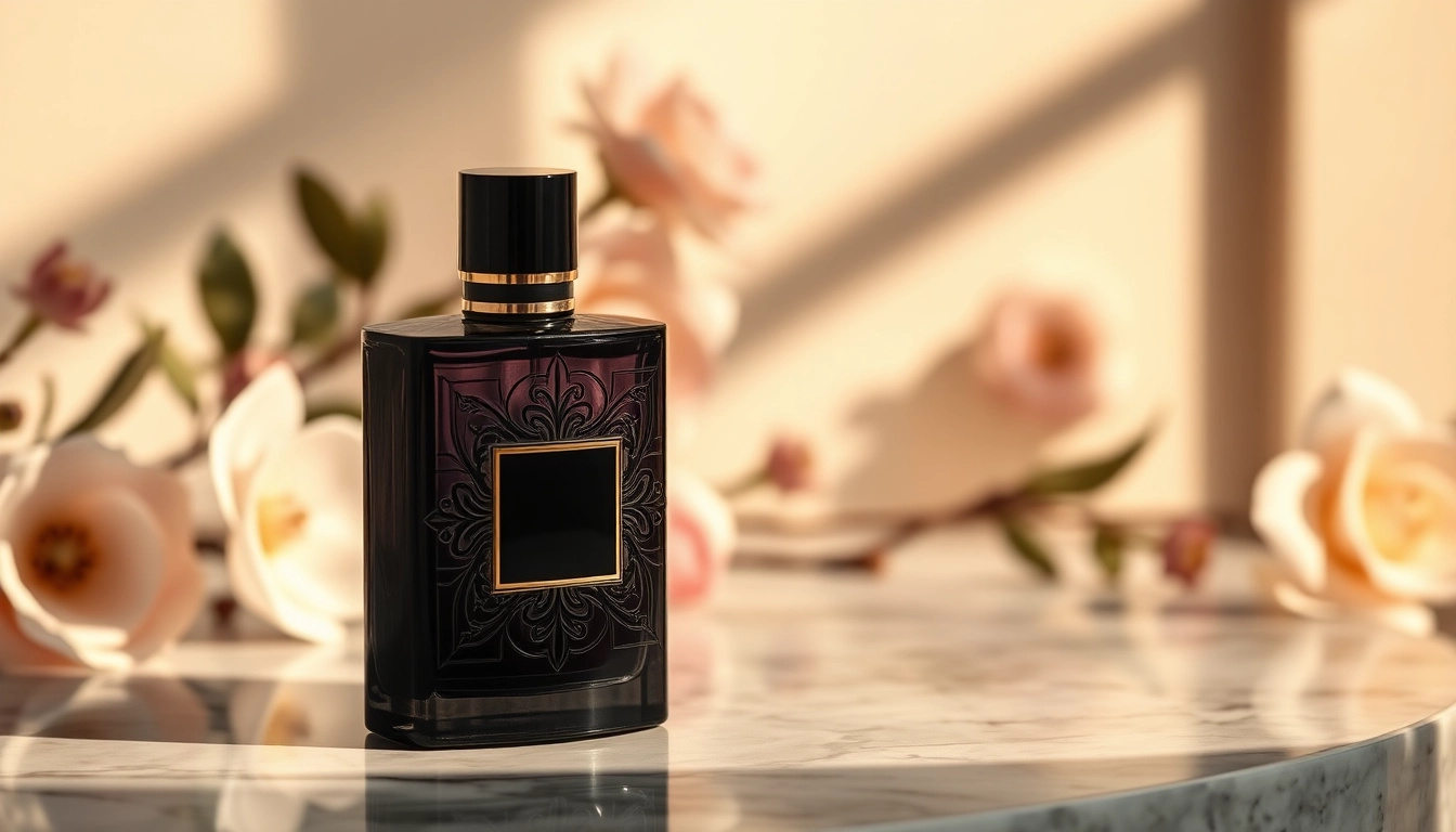 Le parfum Black musk élégant avec un design raffiné sur une surface en marbre.