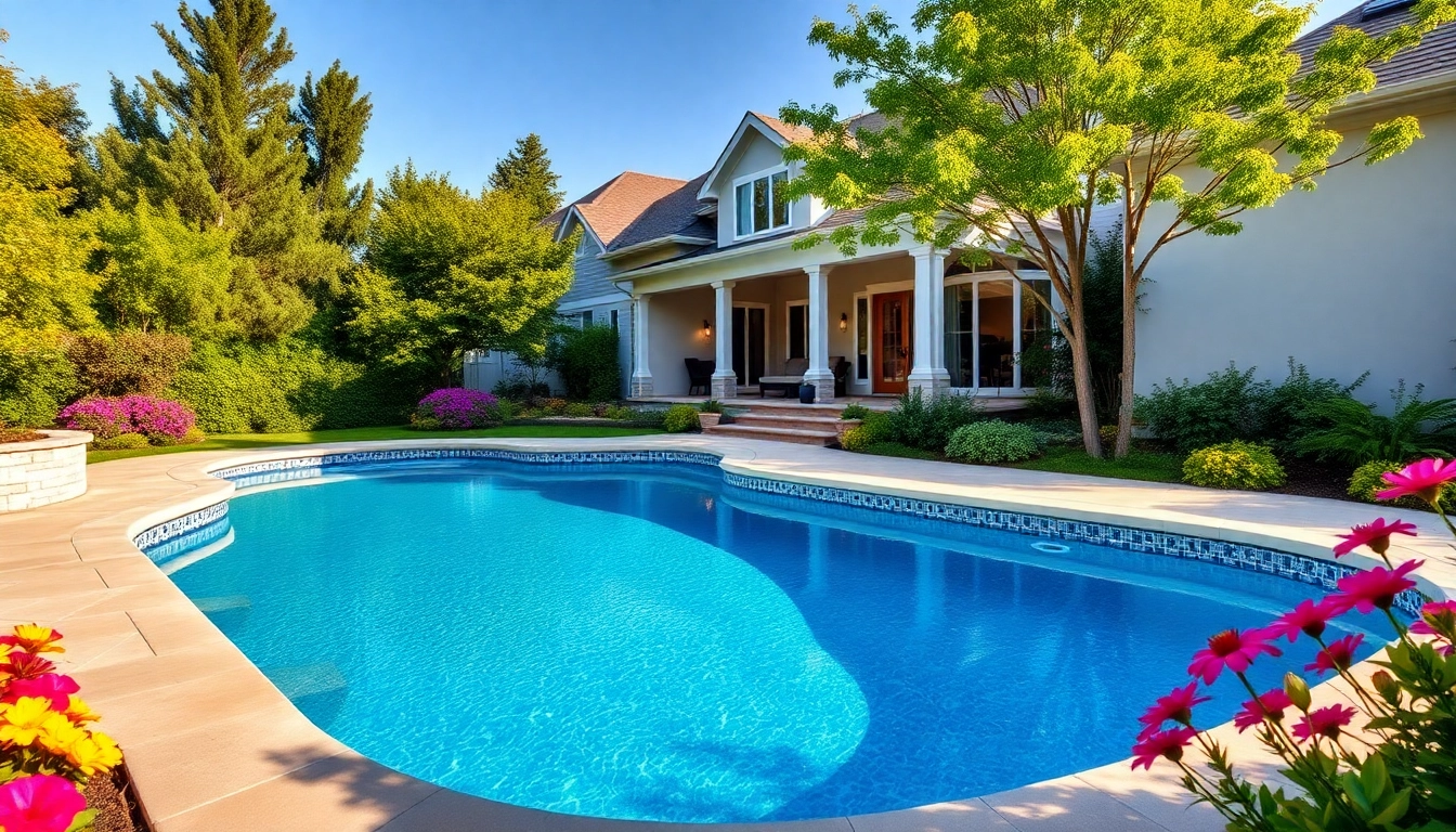 Showcase of a vibrant swimming pool installation in a luxurious backyard setting.