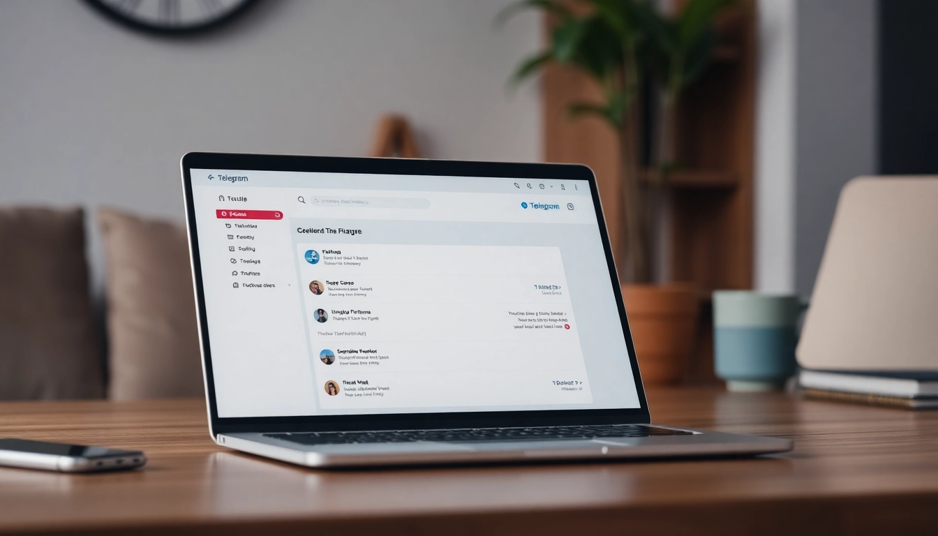 View the Telegram電腦版 desktop application interface showcasing its features on a laptop.
