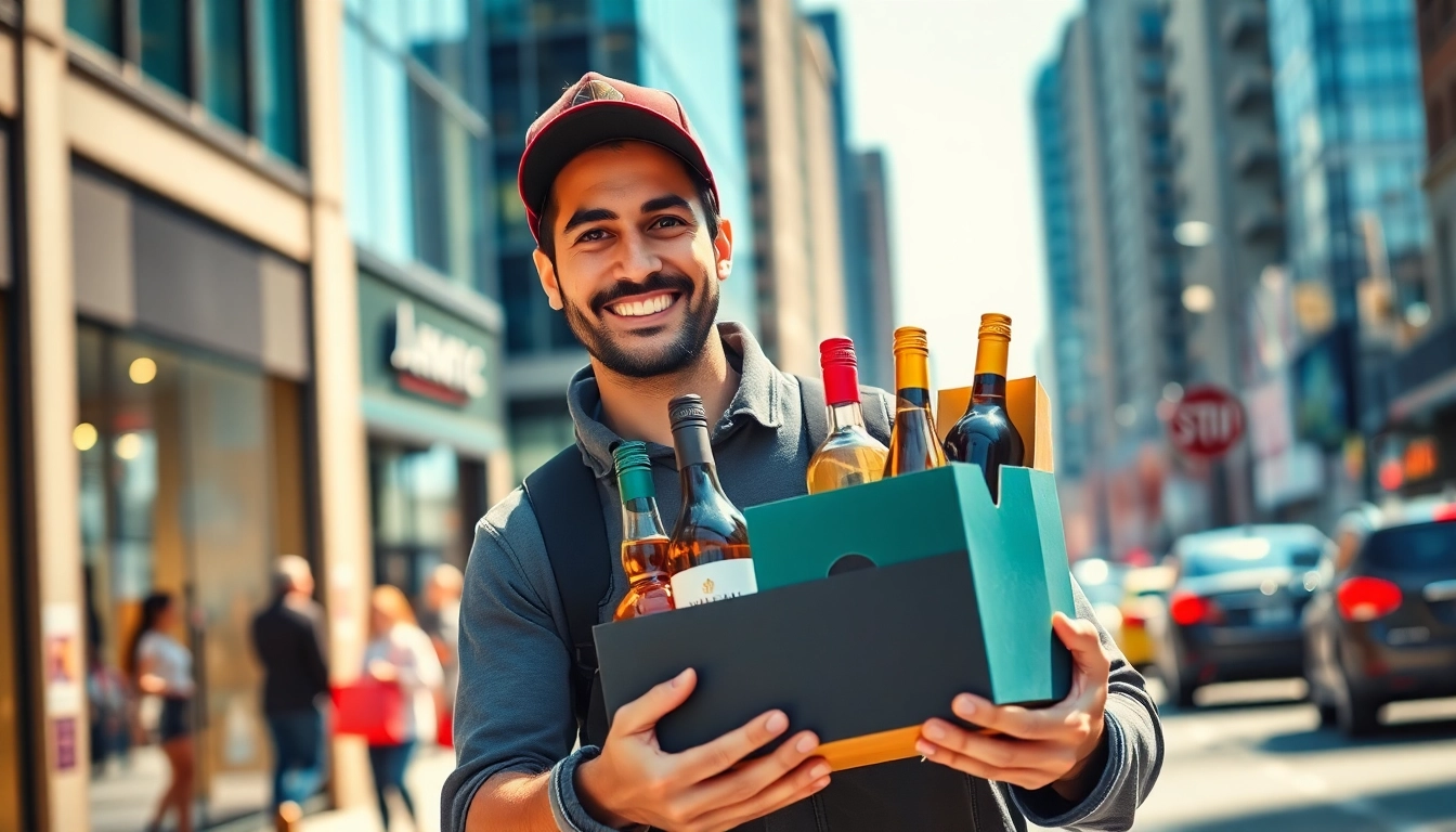 Enjoy fast lcbo delivery Toronto services with a smiling courier showcasing spirited beverages.