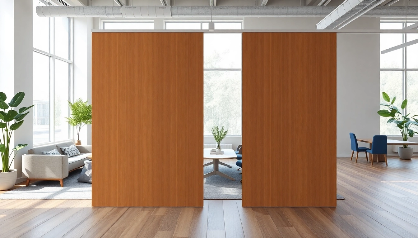 Enhance workplace functionality with a sliding partition wall elegantly dividing space.