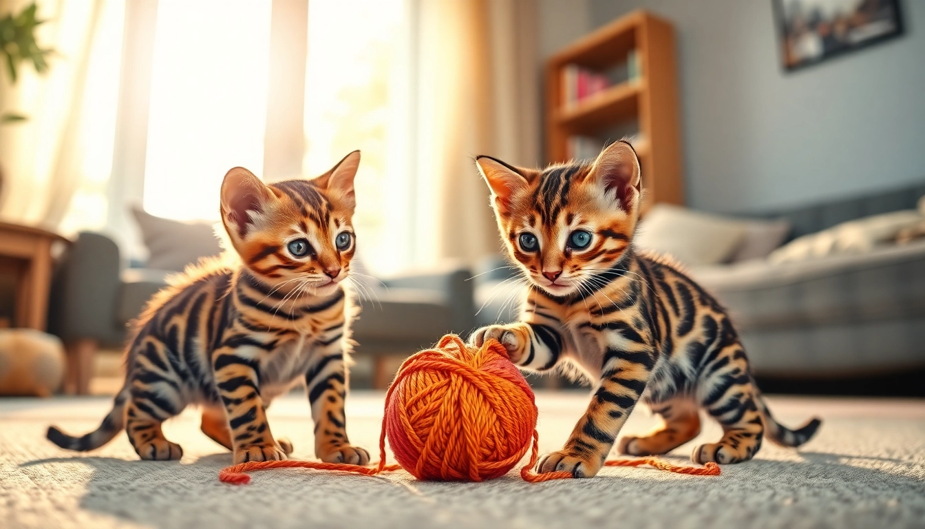 Cute Bengal Kittens for Sale playing with a yarn ball in a sunny living room.