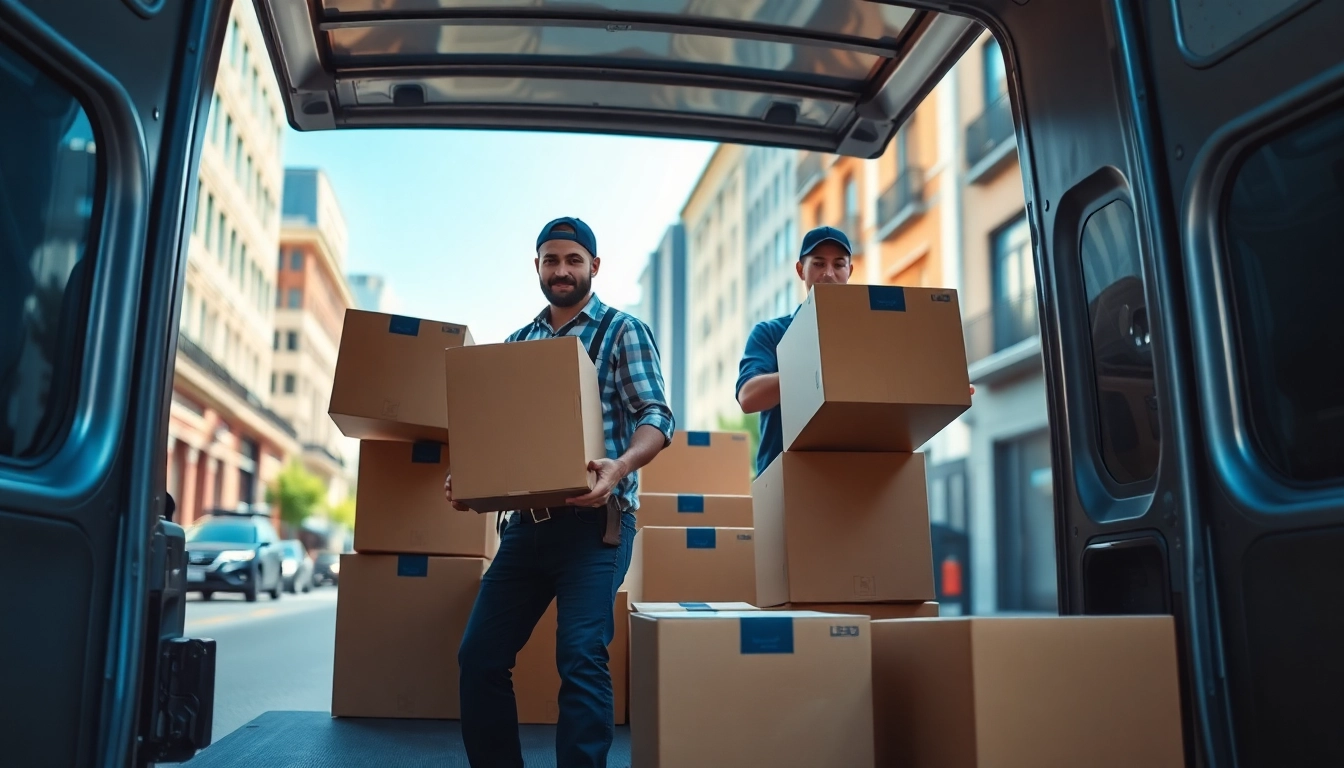 Efficient man and van moving service loading boxes into a van in a busy city.