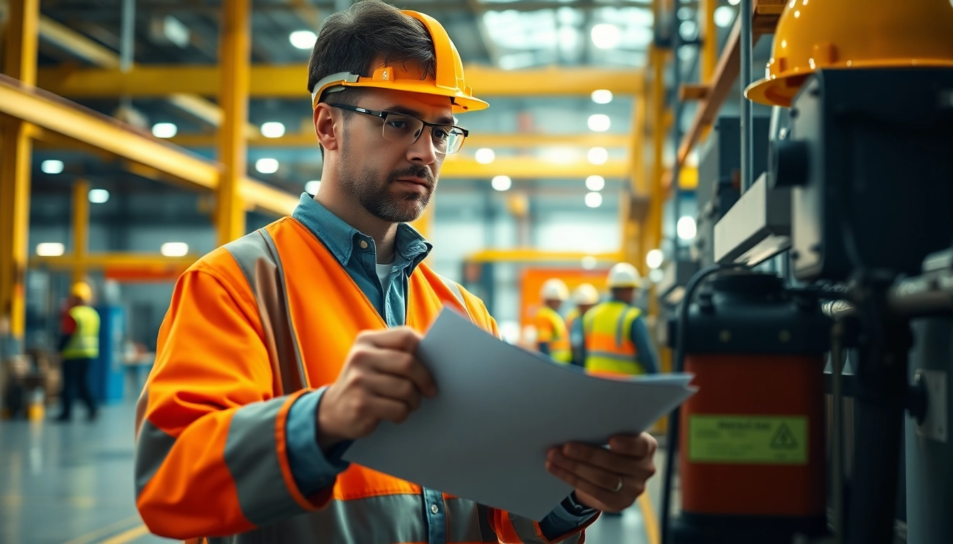 NVQ level 6 diploma in occupational health and safety examples illustrated with a safety inspector examining workplace safety.