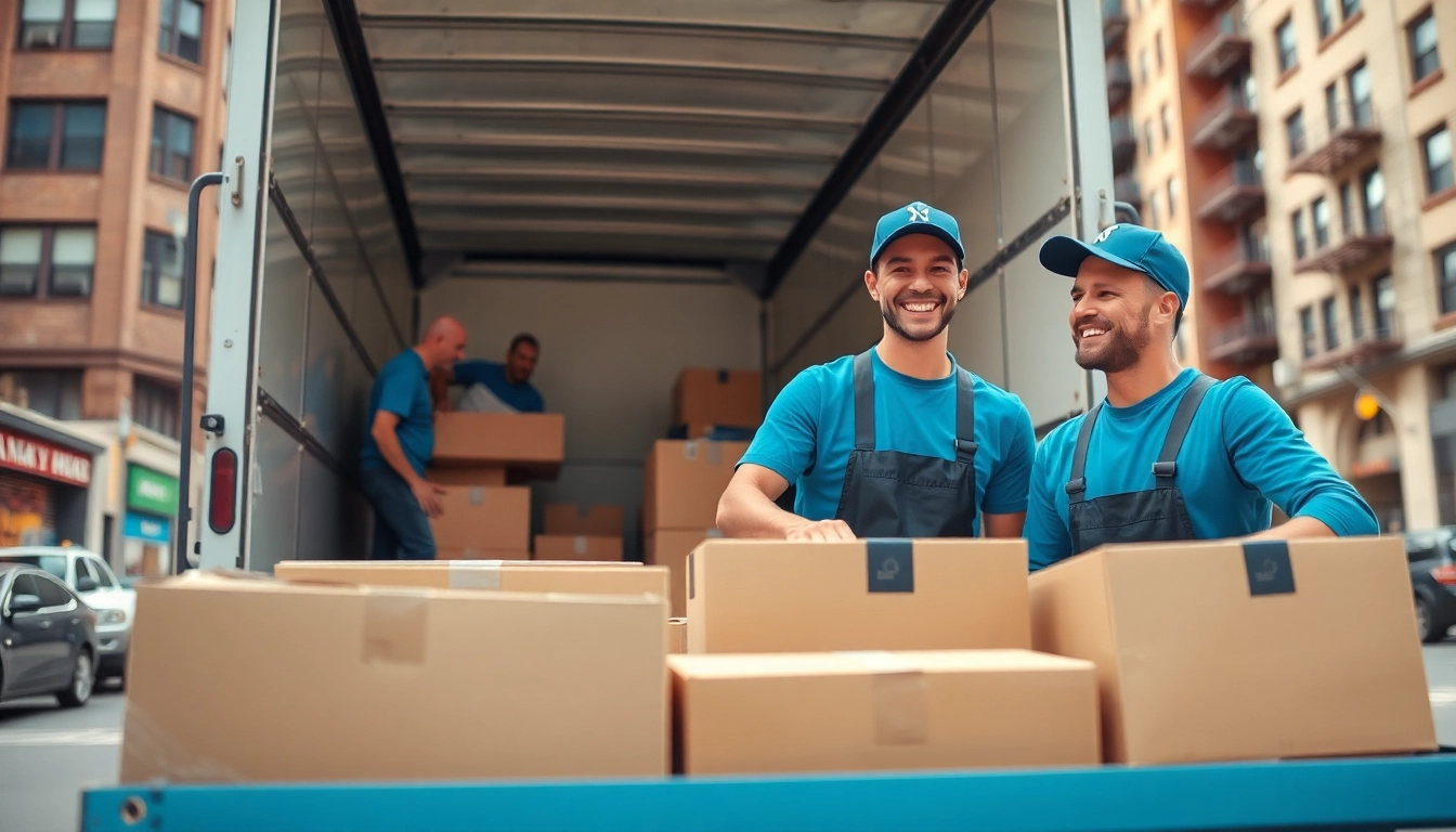 Bronx movers expertly loading boxes into a truck in a vibrant Bronx neighborhood.