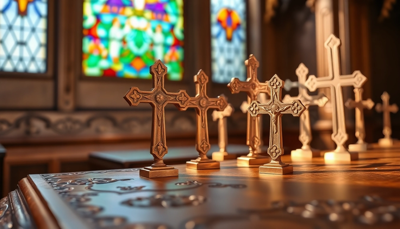 Admire intricately designed Jerusalem crosses beautifully arranged on a wooden altar.