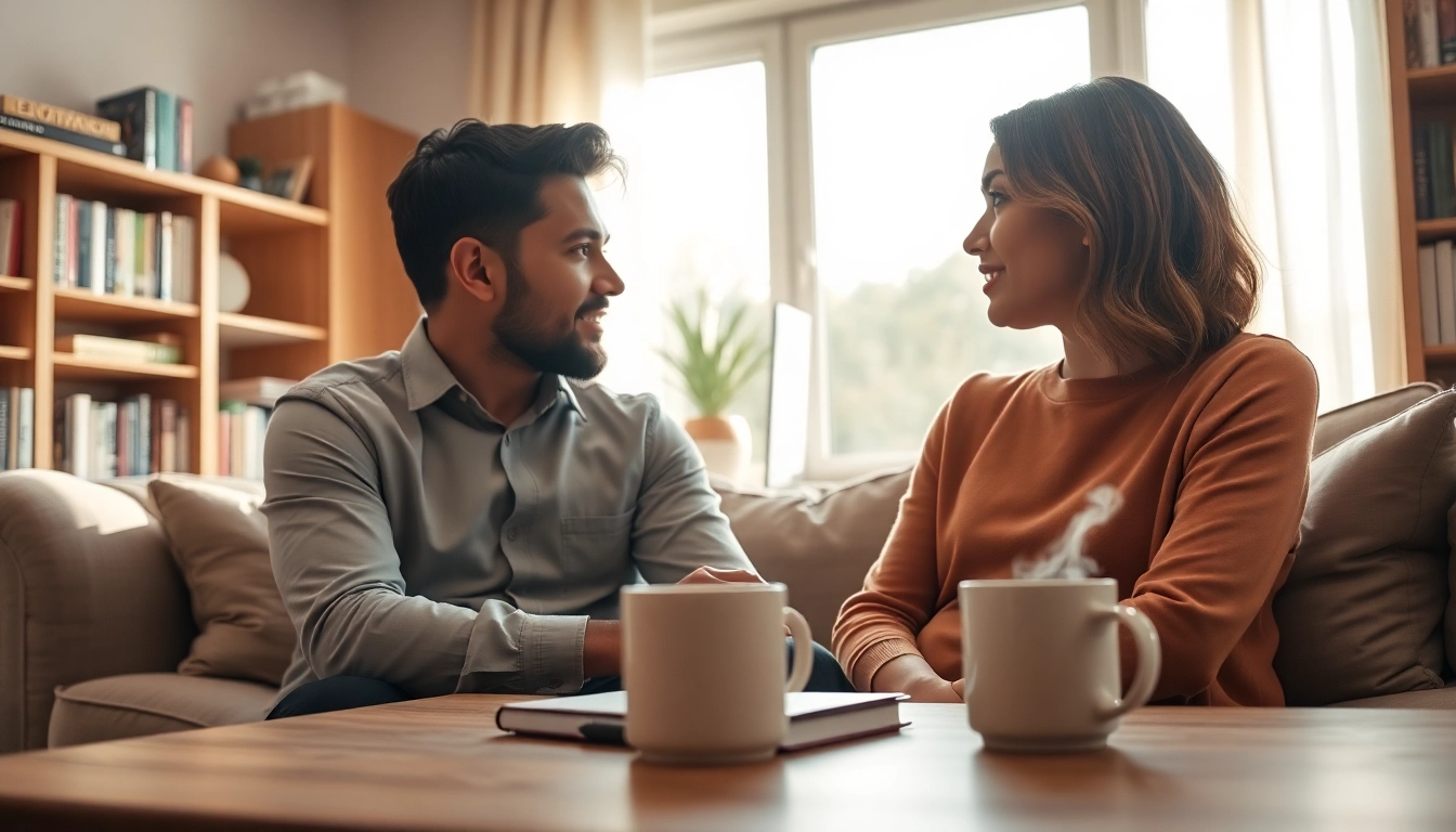 Illustration of effective communication in relationships with a couple discussing openly.