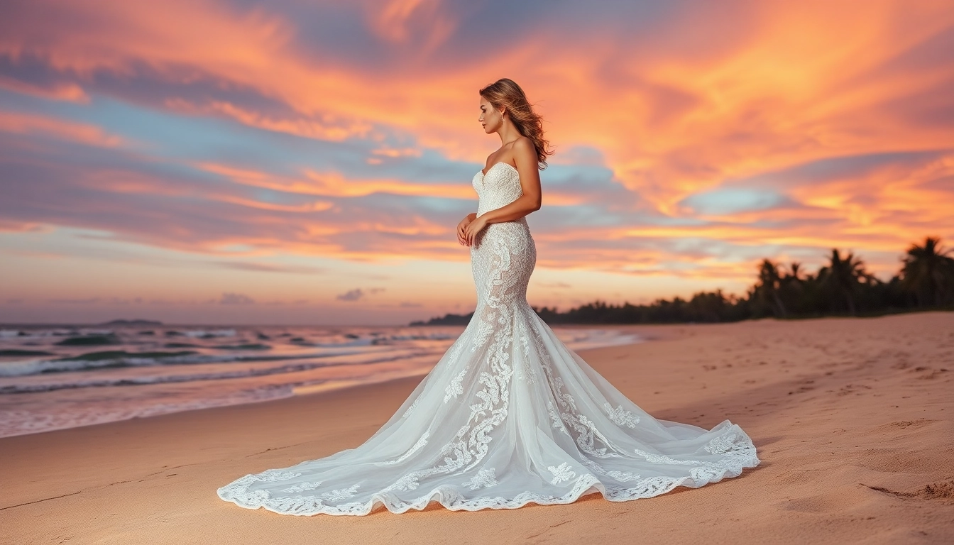 Bride in a mermaid wedding dress stands on the beach, radiating elegance at sunset.
