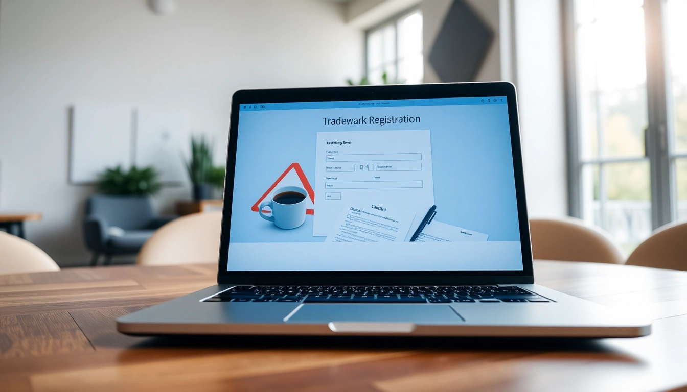 Engaging interface of an online trademark registration platform displayed on a laptop in an organized office.