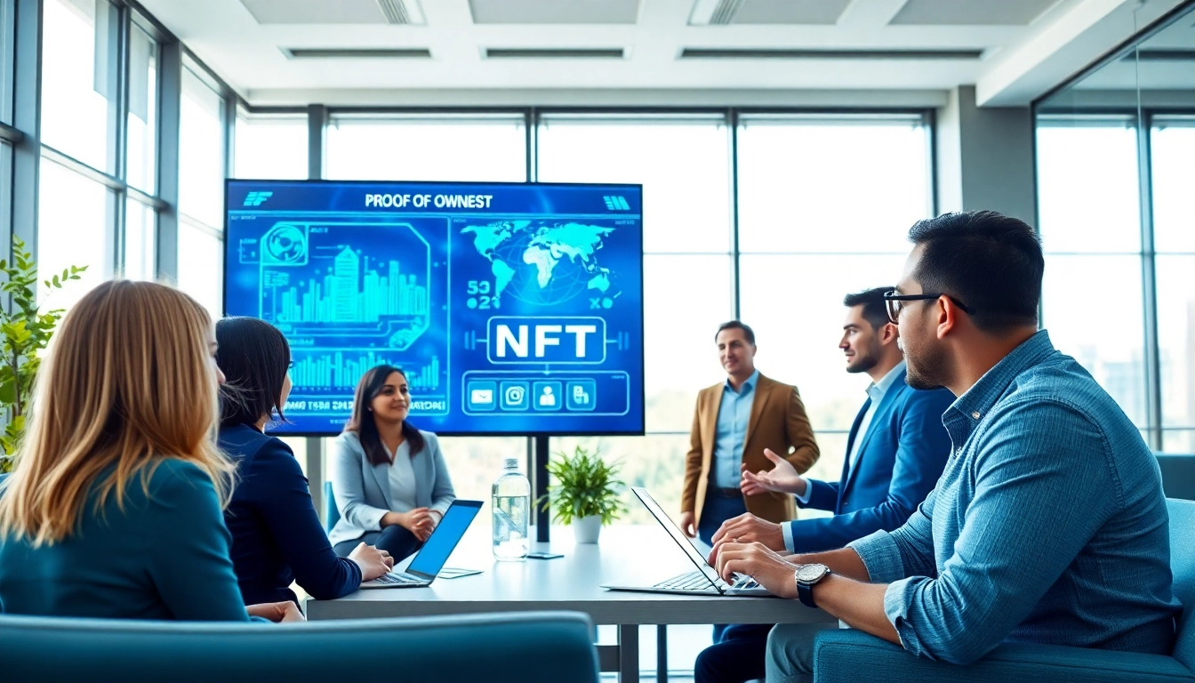 Showcasing a team collaborating on digital proof of ownership in a modern tech office.