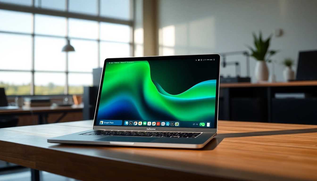 Download the 電腦版line下載 app on a sleek laptop in a modern workspace.