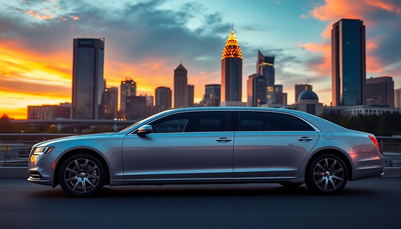 Stylish car service atlanta vehicle awaiting clients in front of the Atlanta skyline for a luxurious ride.
