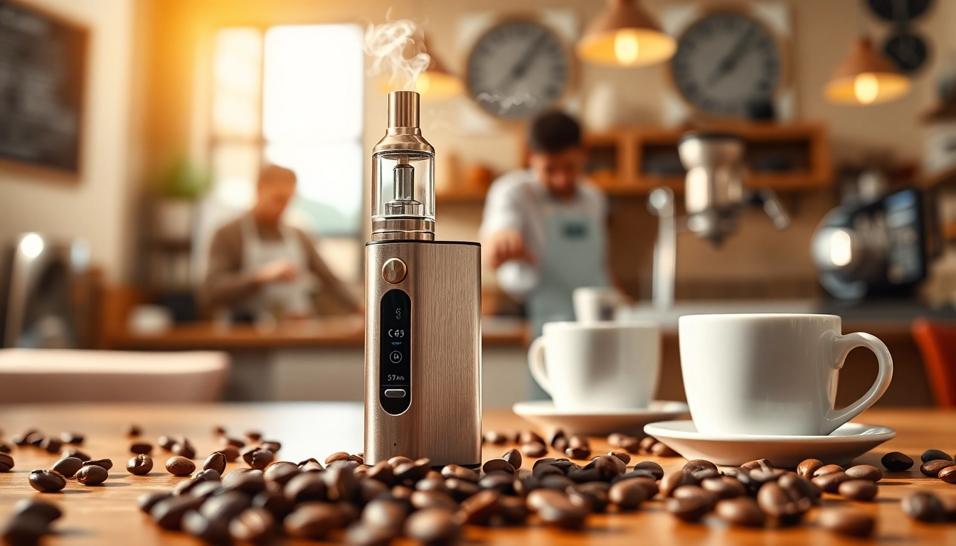 Vibrant caffeine vape device in a lively cafe, capturing energizing vibes.