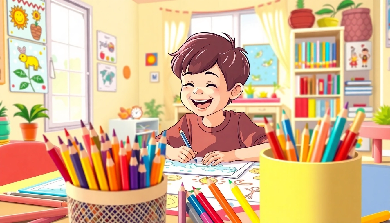 Child using kids colouring pencils to create vibrant artwork at a cheerful playroom table.