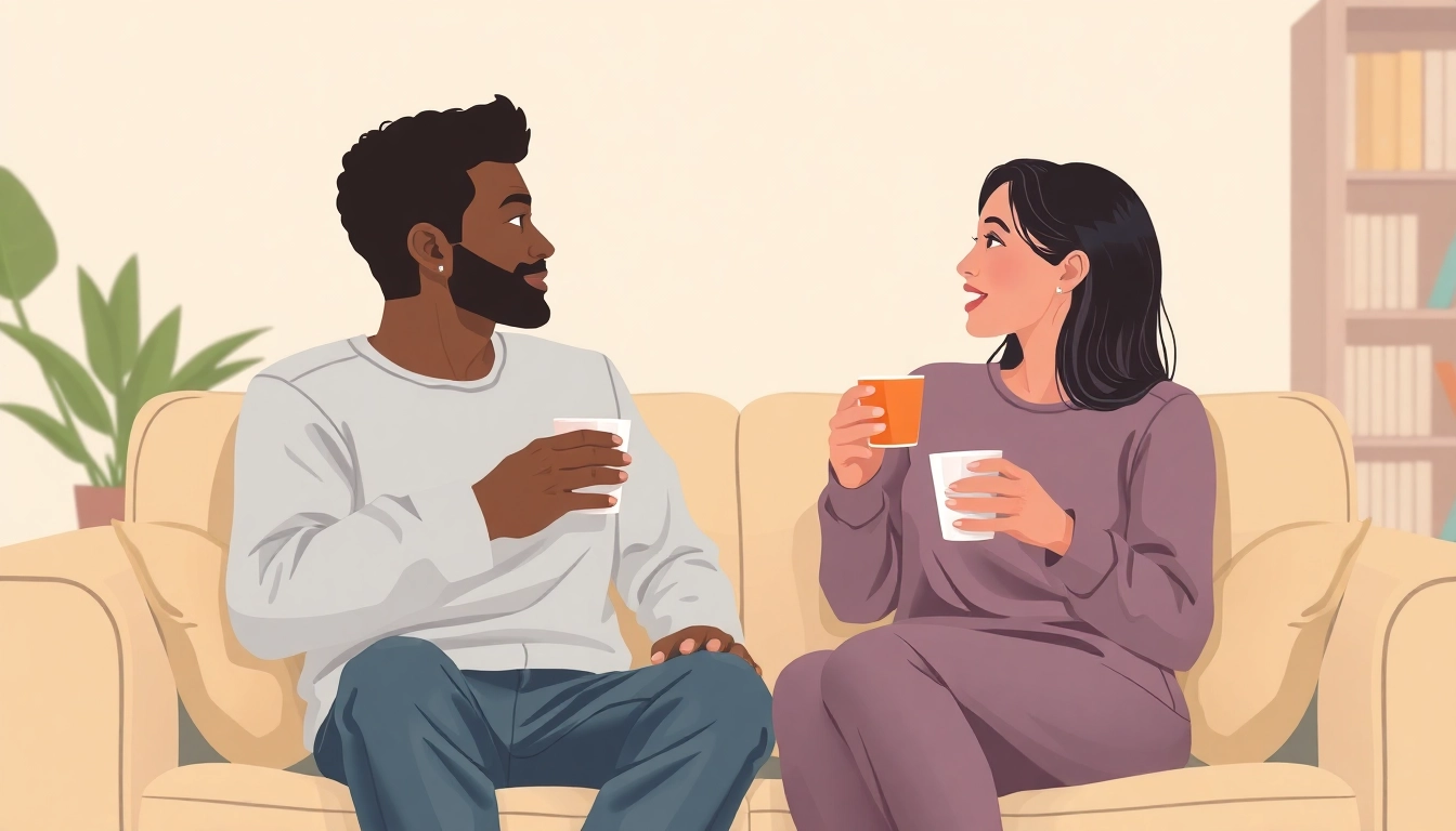 Couple practicing communication in relationships while sharing an intimate moment on a couch.