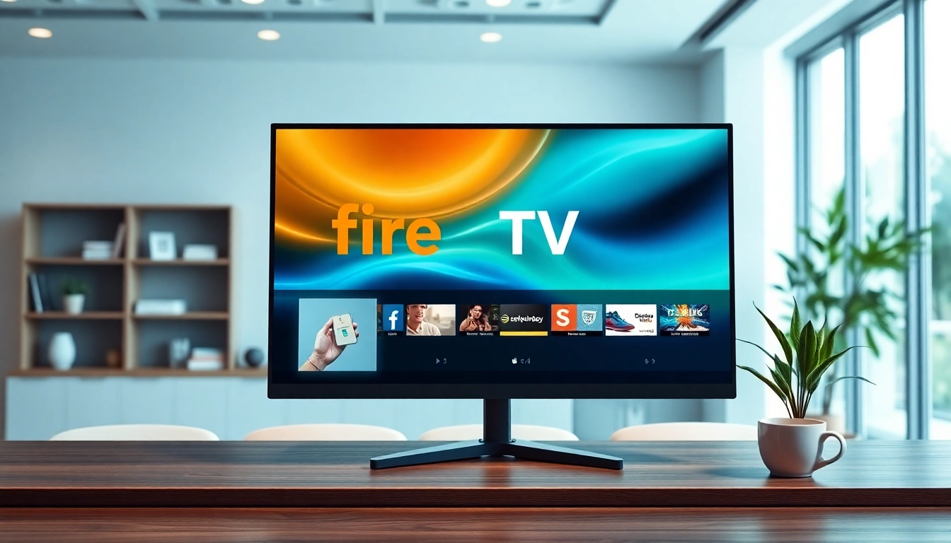 Showcase of Fire TV digital signage app on a modern office monitor with vibrant content.