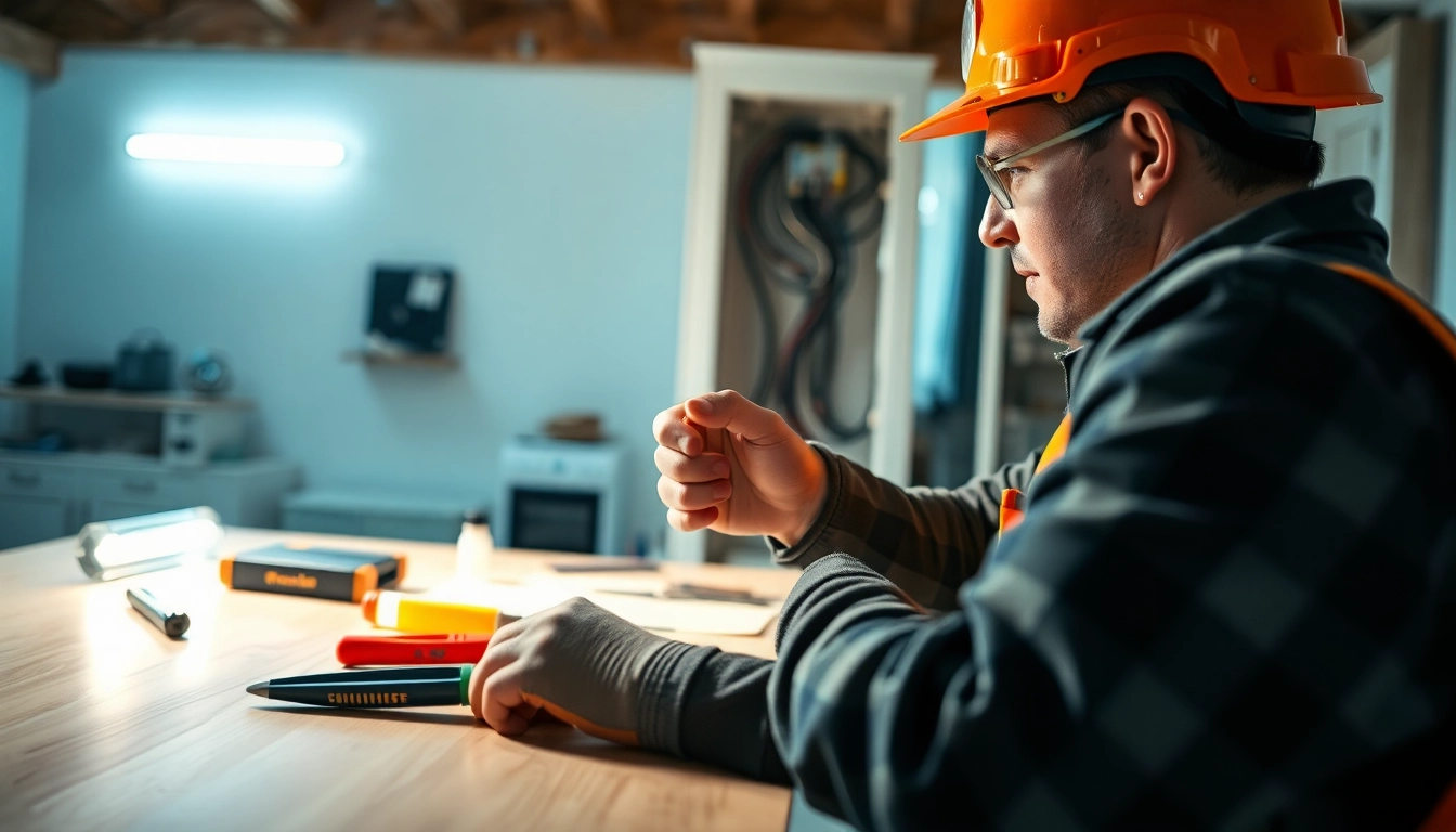 Electrician performing essential electrical service work in a professional setting.