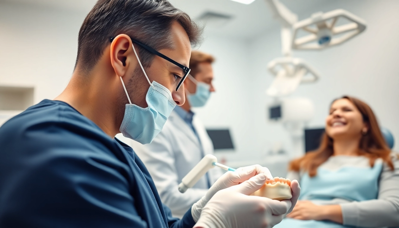 Dental bridges being installed by a professional dentist in a clean, modern clinic.