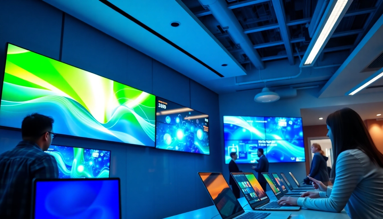 Engaging multi-screen digital signage management setup showcasing dynamic content in a corporate environment.