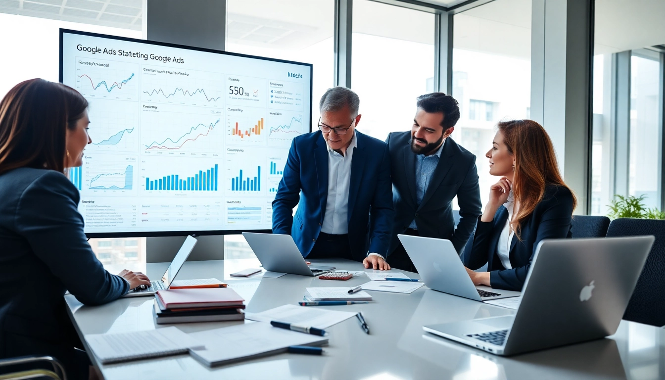 Analyze Google Ads Edmonton strategies with a digital marketing team in an office setting.