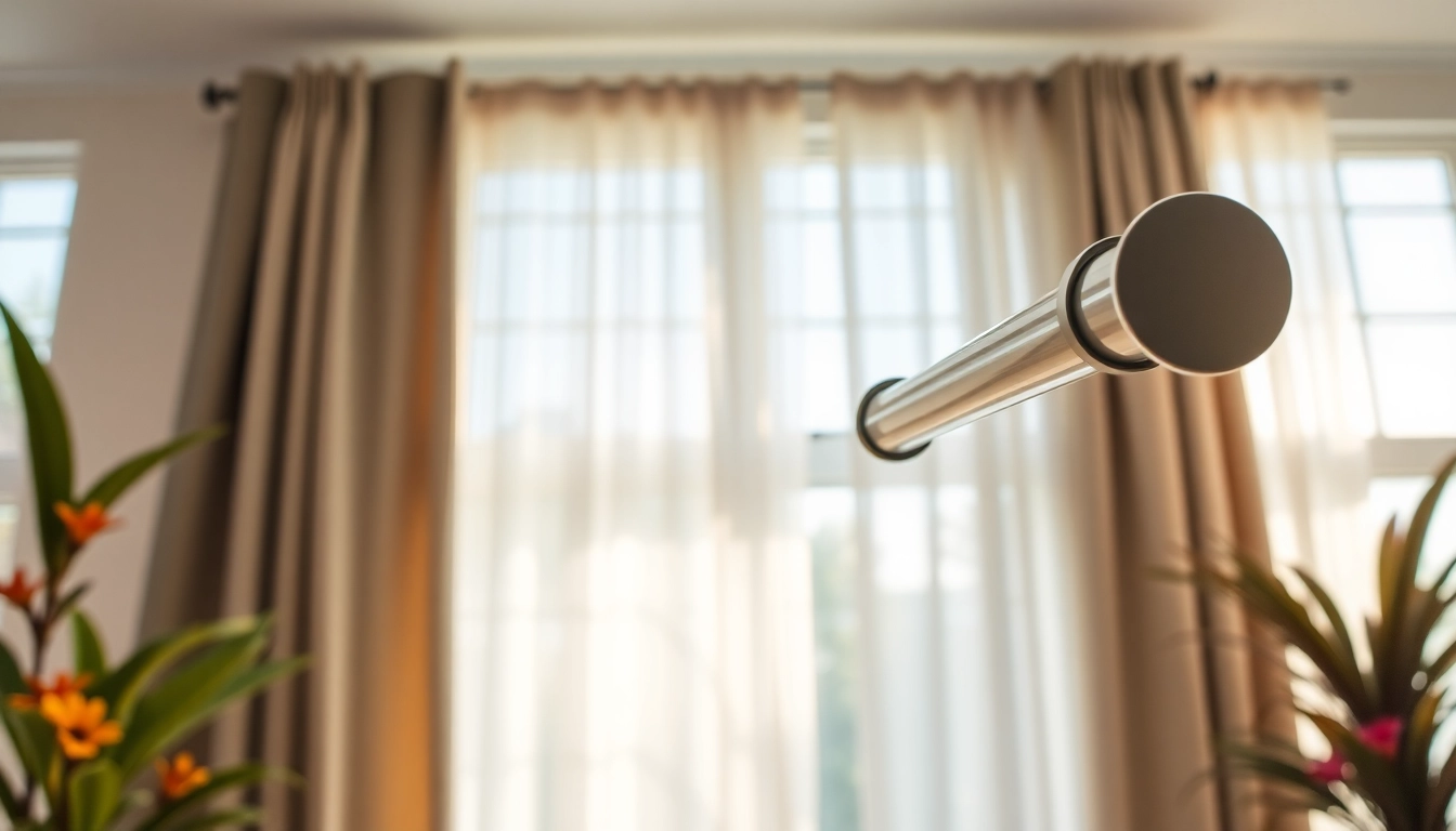 Showcase elegant curtain tracks and poles in a stylish home interior with natural lighting.