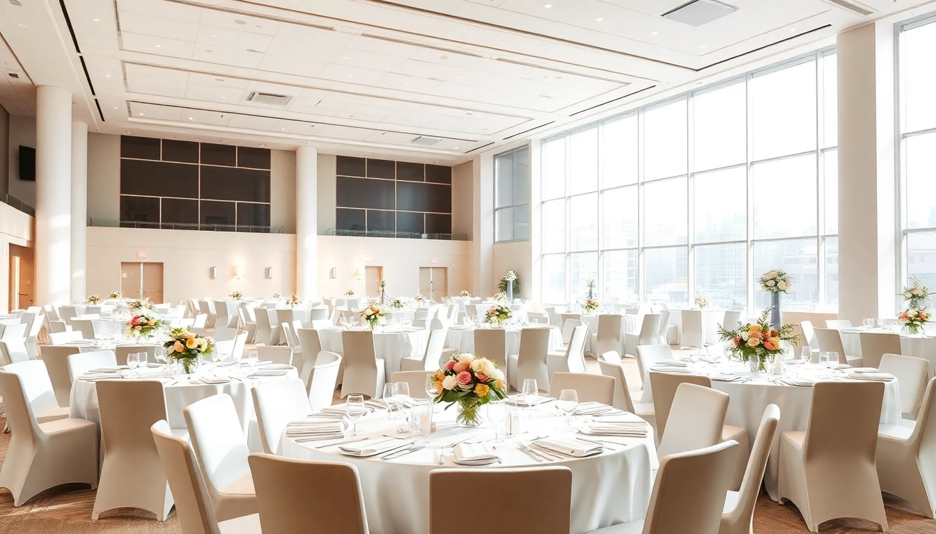 Host a memorable event at the city venue event center, featuring an elegant banquet arrangement and natural lighting.