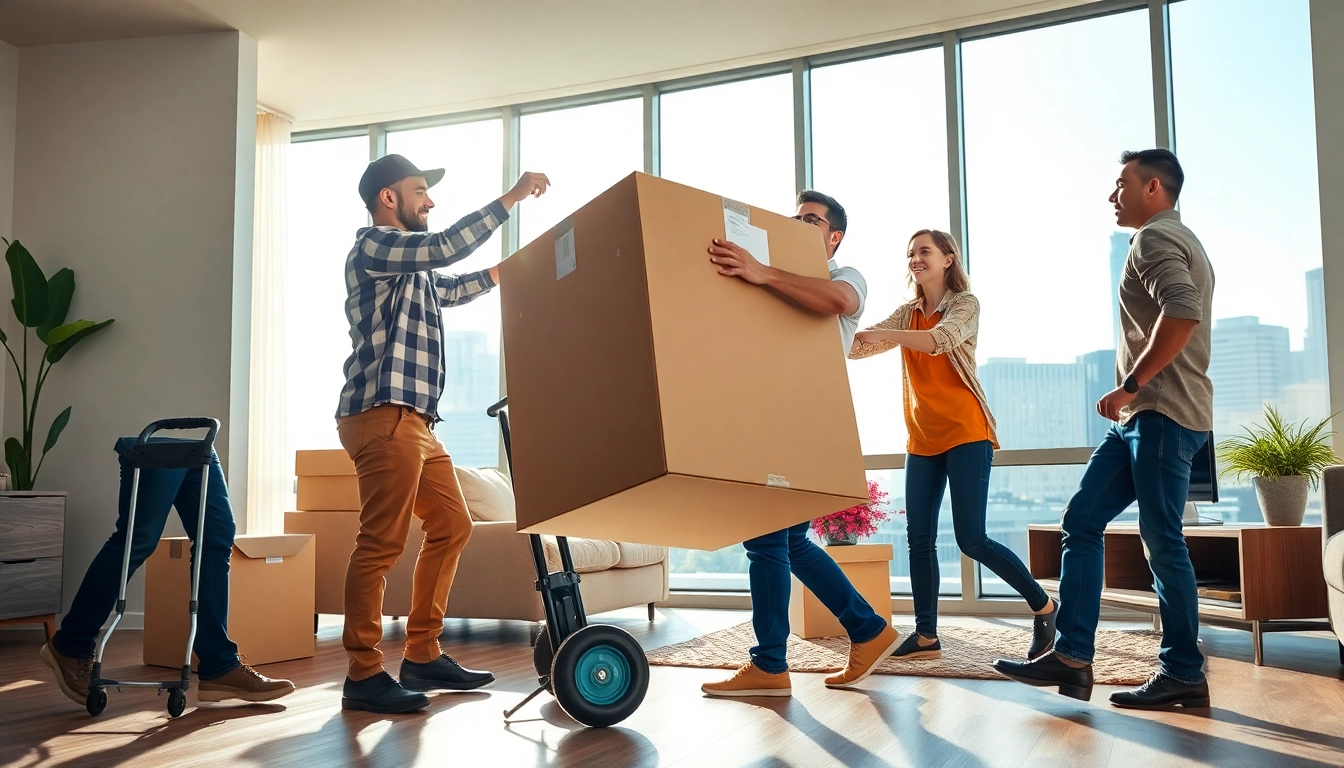 Moving company near me team efficiently packing boxes in a stylish urban apartment.