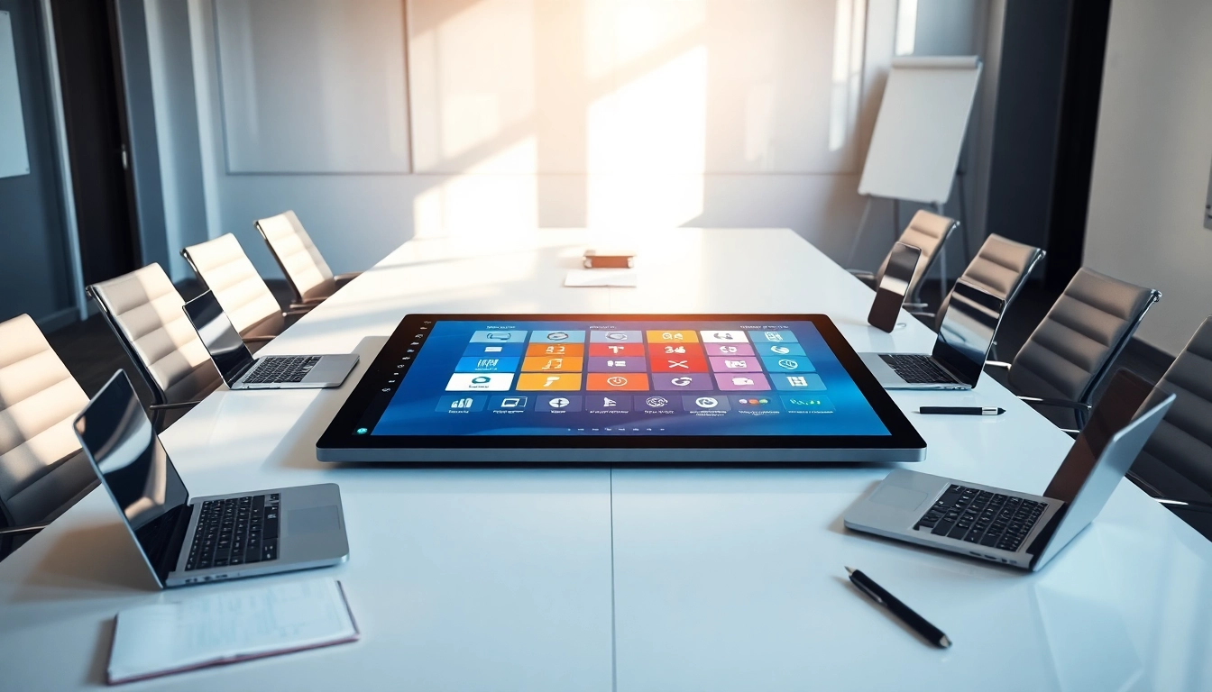 Interact with the Interactive Touch Panel during a collaborative meeting in a modern workspace.