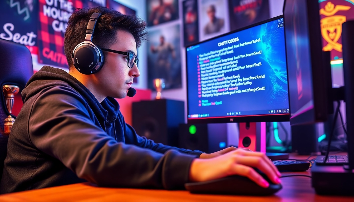 Engaging gamer utilizing dma cheats on a colorful interface, showcasing excitement and focus.