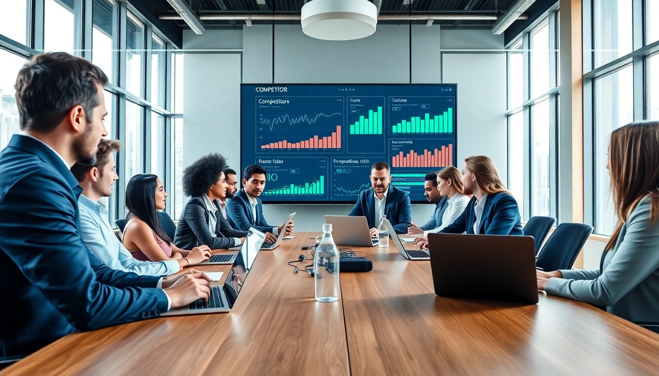 Analyze AI for competitor analysis in a collaborative business setting with professionals discussing strategies.
