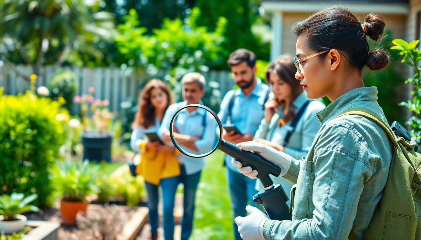 Pest management professionals inspecting a garden with modern tools for effective pest control.