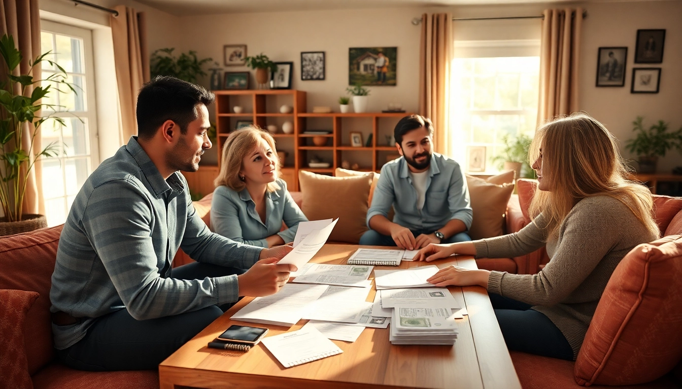 Engaging scene of direct home buyers discussing cash offers in a cozy living room setting