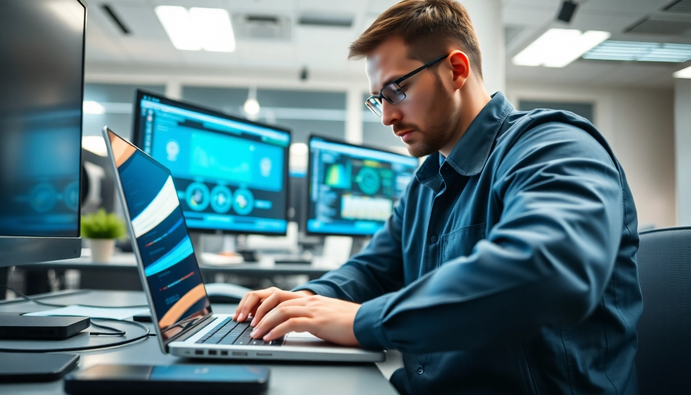 Technician providing computer services by diagnosing laptop issues in a modern office.