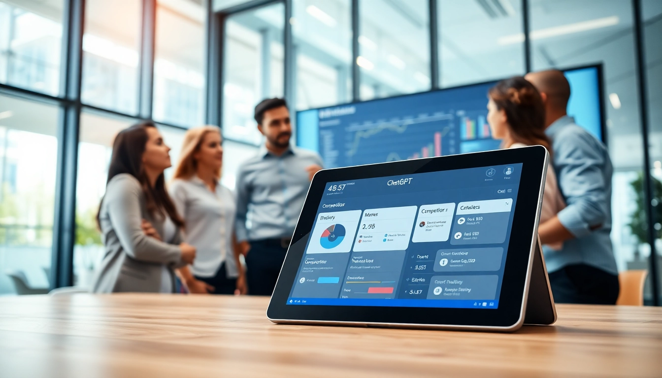 Utilize AI prompts for competitor analysis by a team in a modern workspace examining data insights.