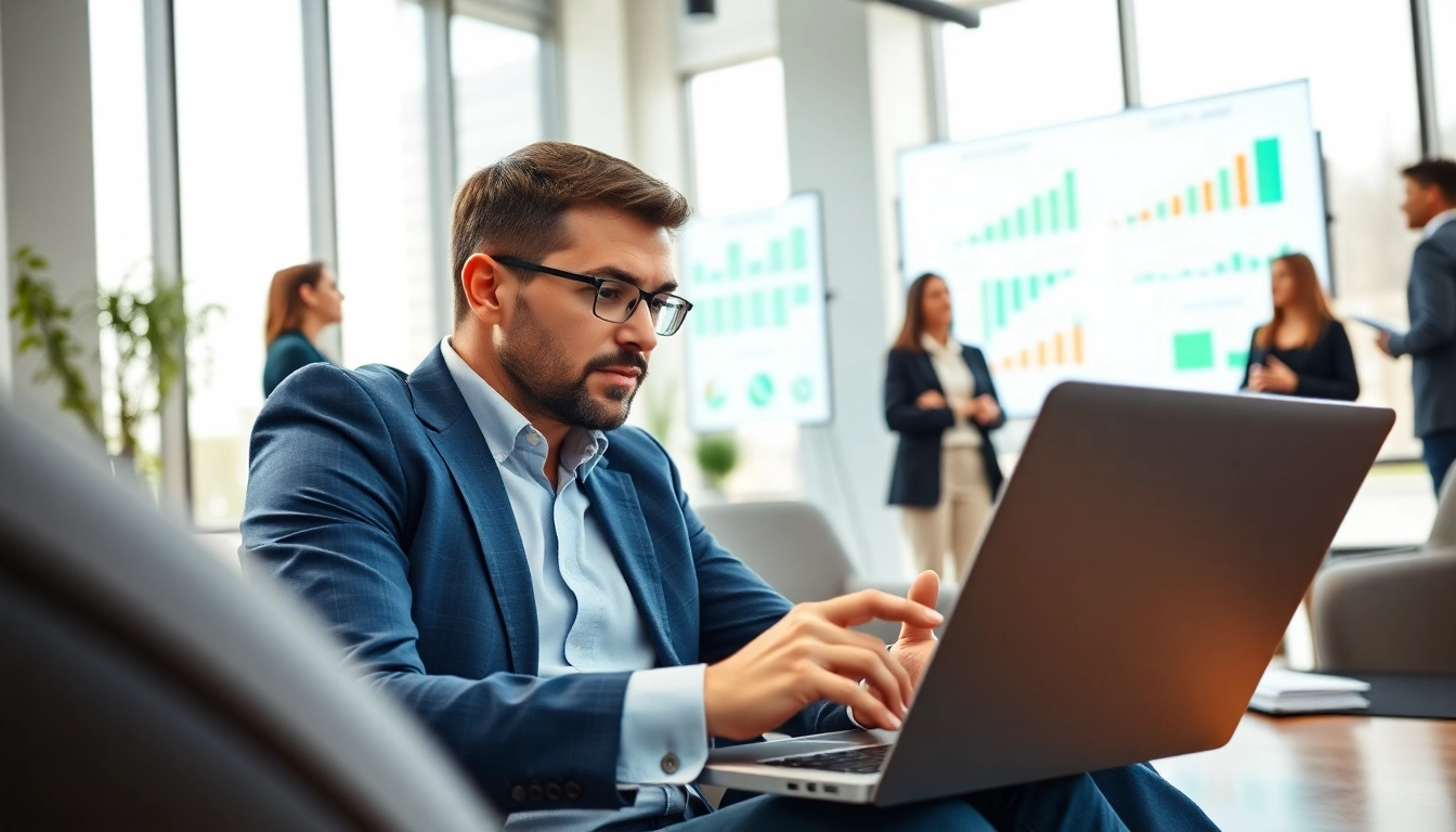 B2B buyer analyzing data during a meeting in a modern office.
