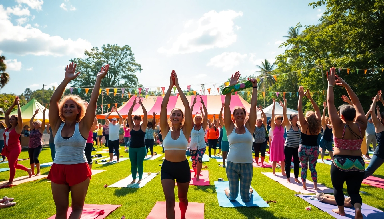 Yoga festivals showcasing diverse practitioners in serene outdoor settings beneath bright skies.