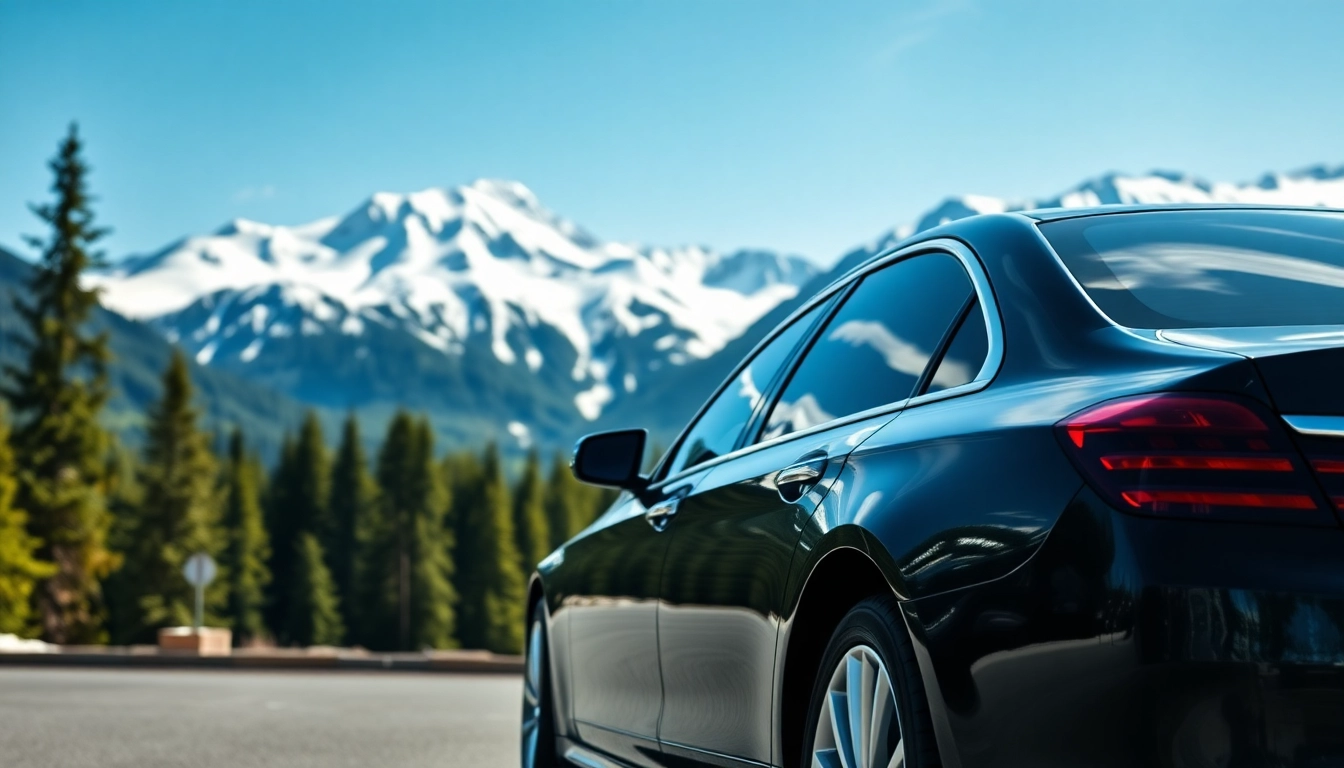 Experience premium car service from Vancouver to Whistler, featuring a luxury sedan amidst stunning mountain views.
